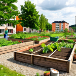 A vibrant community garden scene in a German city, with diverse people of all ages working together, tending to vegetable patches and flower beds. Focus on the sense of community and urban green space, with modern apartment buildings in the background. Include signage in German. The overall feeling should be one of neighborliness and cooperation, similar to the "Essbare Stadt" Andernach concept, but depict a more traditionally structured community garden.