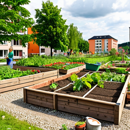 A vibrant community garden scene in a German city, with diverse people of all ages working together, tending to vegetable patches and flower beds. Focus on the sense of community and urban green space, with modern apartment buildings in the background. Include signage in German. The overall feeling should be one of neighborliness and cooperation, similar to the "Essbare Stadt" Andernach concept, but depict a more traditionally structured community garden.