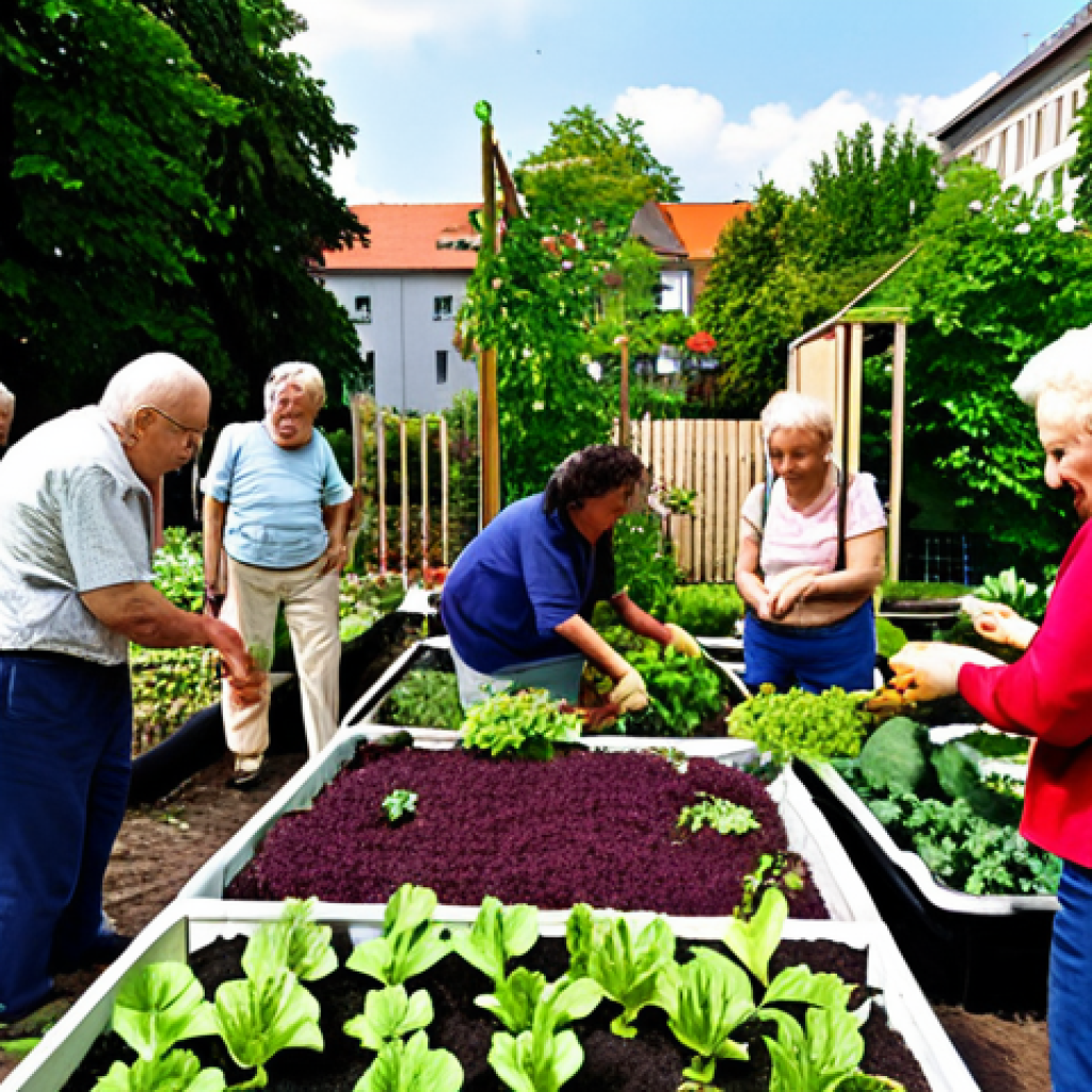 A vibrant urban garden in Berlin, Germany, showcasing diverse individuals (retirees, students, families, refugees) working together harmoniously. Include a variety of vegetables and plants, and emphasize the community aspect with people interacting and smiling. The garden should feel lush and inviting.