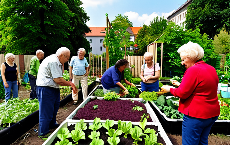 A vibrant urban garden in Berlin, Germany, showcasing diverse individuals (retirees, students, families, refugees) working together harmoniously. Include a variety of vegetables and plants, and emphasize the community aspect with people interacting and smiling. The garden should feel lush and inviting.