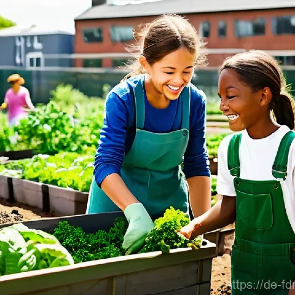 도시 식량 정의의 교육적 가치 - **Prompt:** A vibrant, sunlit urban community garden buzzing with diverse activity. In the foregroun...