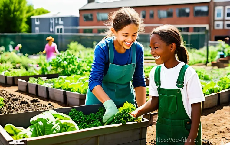 도시 식량 정의의 교육적 가치 - **Prompt:** A vibrant, sunlit urban community garden buzzing with diverse activity. In the foregroun...