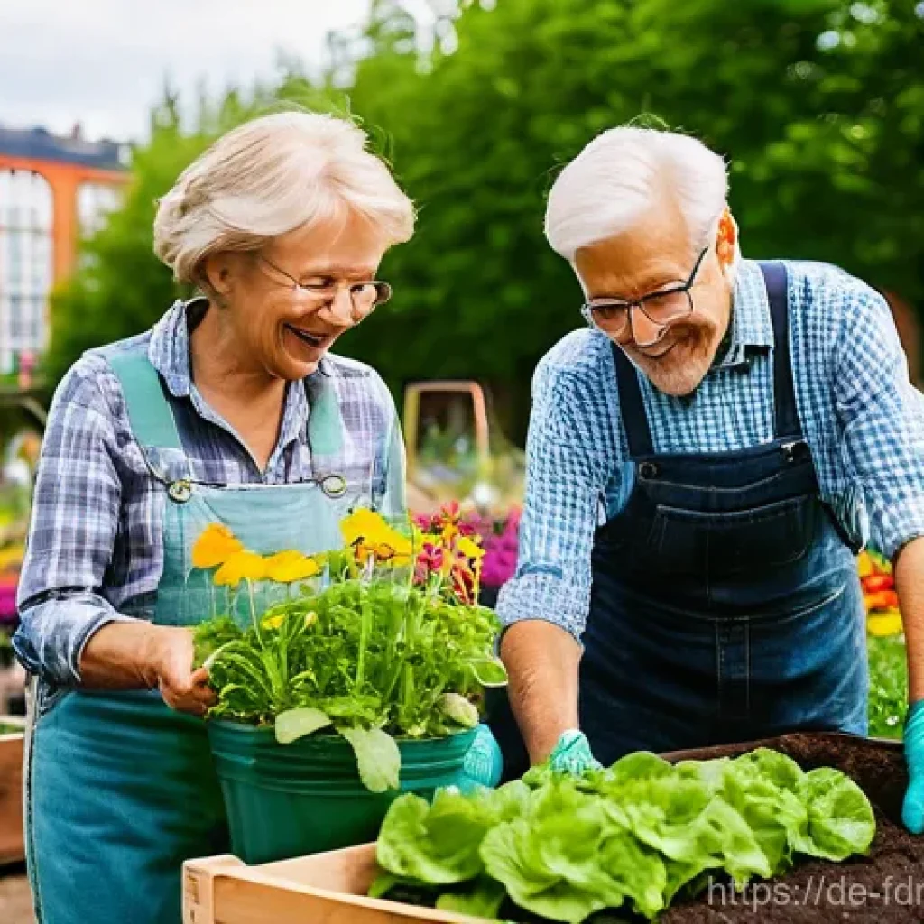 도시 식량 정의를 위한 민관 협력 모델 - A vibrant community garden scene set in a lively German city like Berlin or Hamburg. Diverse individ...