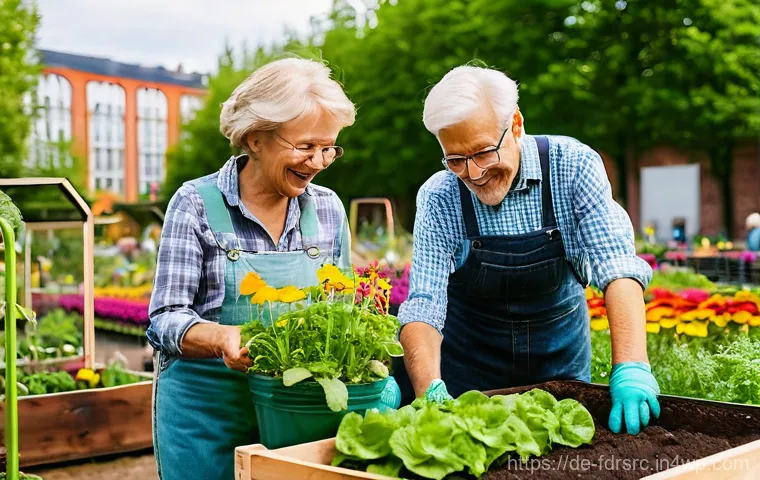 도시 식량 정의를 위한 민관 협력 모델 - A vibrant community garden scene set in a lively German city like Berlin or Hamburg. Diverse individ...