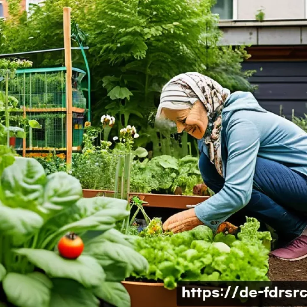 도시 식량 정의를 위한 지속 가능한 개발 목표 - **Urban Community Garden in a German City**
    A vibrant, sun-drenched community garden nestled bet...