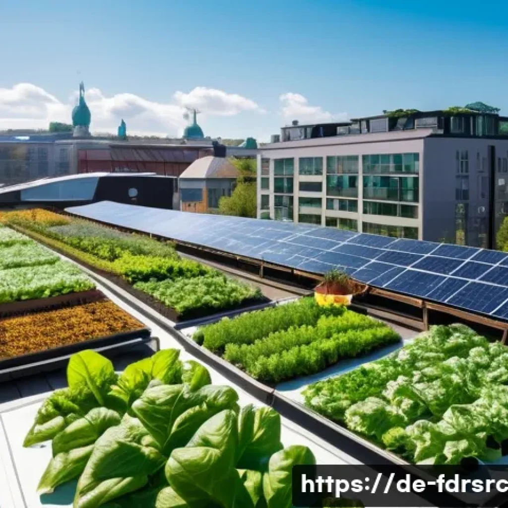 도시 식량 정의를 위한 정책 제안 - A vibrant rooftop urban farm in a modern German city, showcasing rows of leafy green vegetables and ...