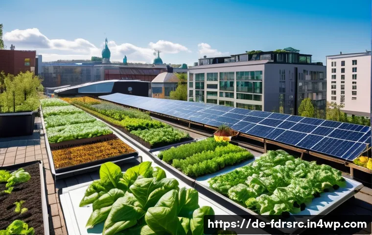 도시 식량 정의를 위한 정책 제안 - A vibrant rooftop urban farm in a modern German city, showcasing rows of leafy green vegetables and ...