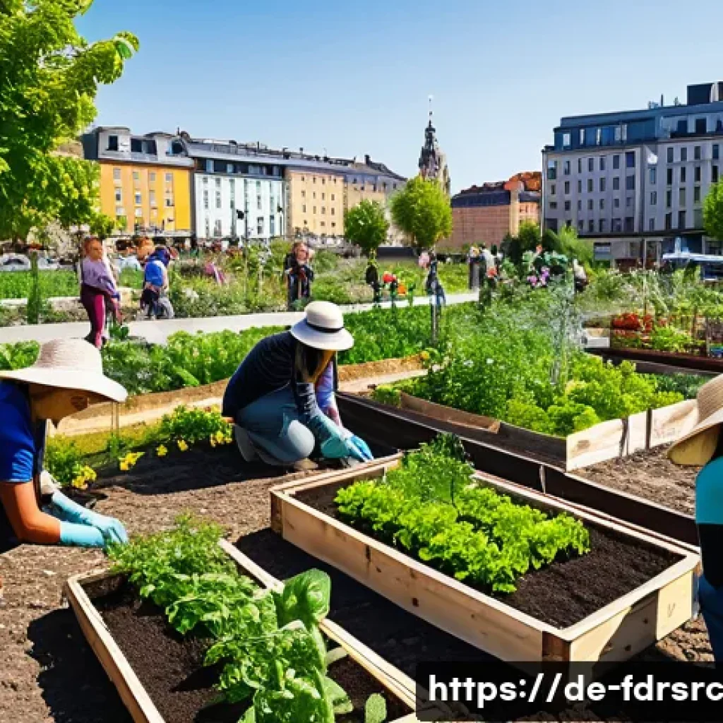 도시 농업 참여의 사회적 이점 - A vibrant urban community garden in a European city setting during summer, showing diverse people of...