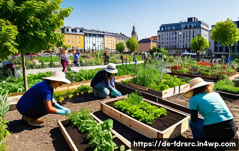 도시 농업 참여의 사회적 이점 - A vibrant urban community garden in a European city setting during summer, showing diverse people of...