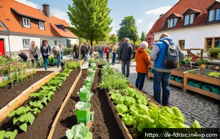 도시 농업과 환경 교육의 중요성 - A vibrant community garden in an urban German neighborhood featuring diverse participants including ...