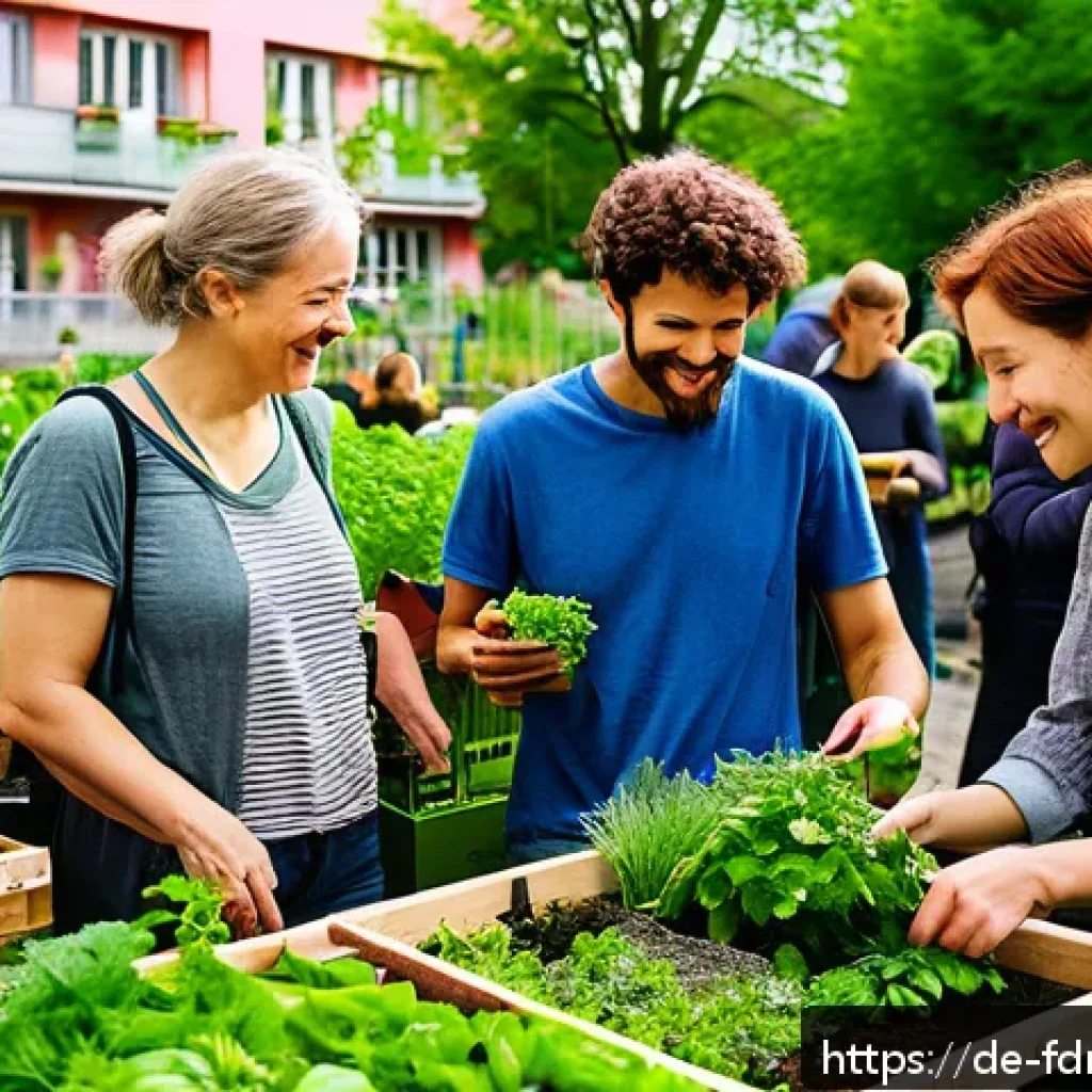 도시 식량 정의 참여를 위한 SNS 활용법 - A vibrant urban community garden scene in Berlin during spring, showing diverse neighbors exchanging...