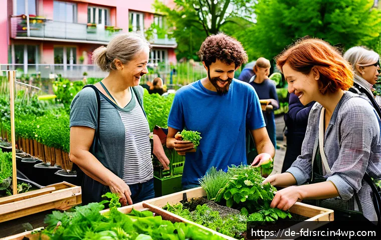 도시 식량 정의 참여를 위한 SNS 활용법 - A vibrant urban community garden scene in Berlin during spring, showing diverse neighbors exchanging...