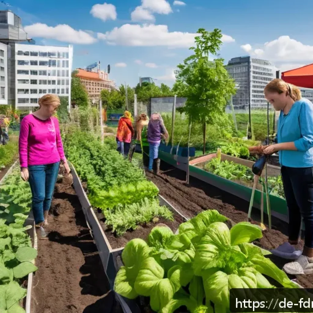 도시 식량 정의 활동의 평가 방법 - A vibrant urban community garden in Berlin equipped with digital soil sensors and IoT devices, showi...