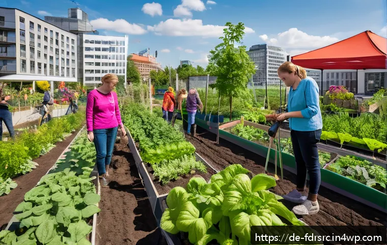 도시 식량 정의 활동의 평가 방법 - A vibrant urban community garden in Berlin equipped with digital soil sensors and IoT devices, showi...