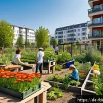 도시 식량 정의와 지역 사회의 연대감 강화 - A vibrant urban community garden in a German city, featuring diverse people of various ages and back...