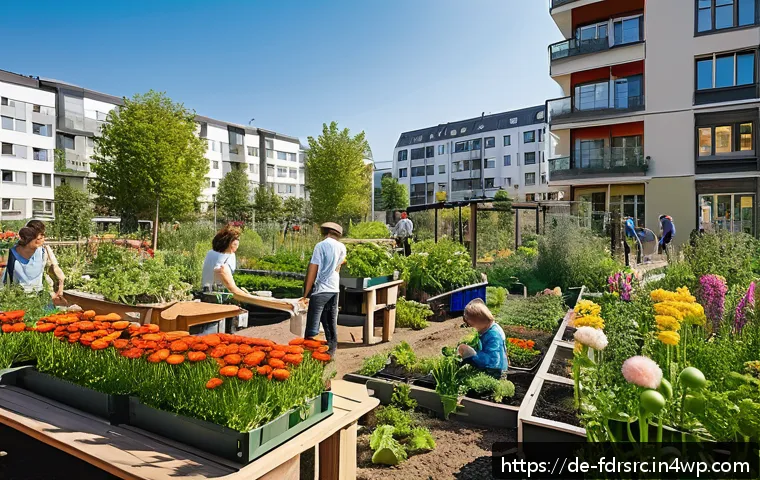 도시 식량 정의와 지역 사회의 연대감 강화 - A vibrant urban community garden in a German city, featuring diverse people of various ages and back...