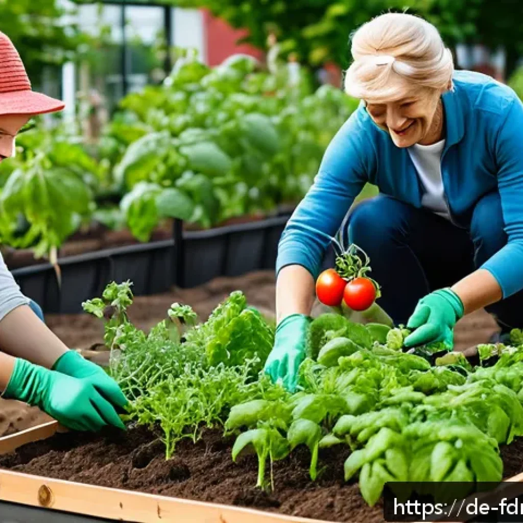 도시 식량 정의와 지역 사회의 연계성 - A vibrant urban community garden in a bustling German city neighborhood during late spring, diverse ...