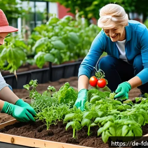 도시 식량 정의와 지역 사회의 연계성 - A vibrant urban community garden in a bustling German city neighborhood during late spring, diverse ...