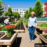 도시 식량 정의와 식품 접근성 문제 - A vibrant urban community garden in Berlin during springtime, showing diverse residents of various a...
