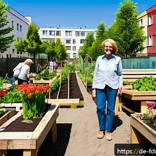 도시 식량 정의와 식품 접근성 문제 - A vibrant urban community garden in Berlin during springtime, showing diverse residents of various a...