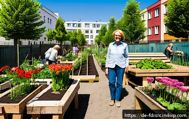 도시 식량 정의와 식품 접근성 문제 - A vibrant urban community garden in Berlin during springtime, showing diverse residents of various a...