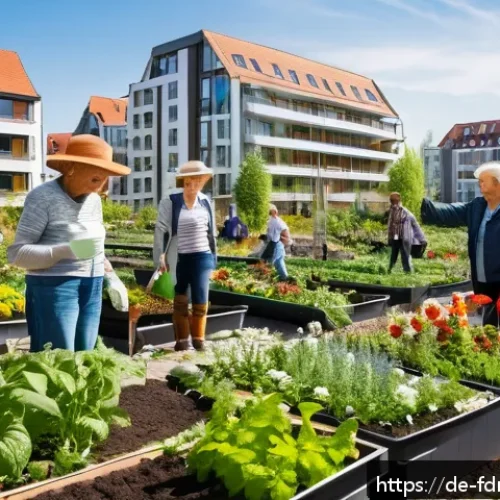 도시 식량 정의 활동을 통해 얻는 혜택 - A vibrant urban community garden in a German city setting during springtime, showing diverse people ...