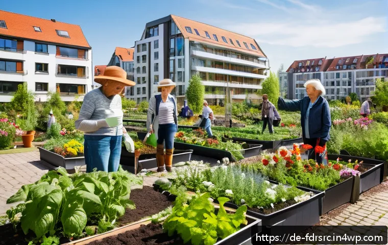 도시 식량 정의 활동을 통해 얻는 혜택 - A vibrant urban community garden in a German city setting during springtime, showing diverse people ...