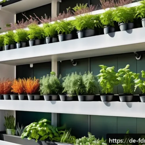 도시 농업의 생산성 향상 방안 - A modern urban balcony featuring a vertical garden with modular shelving systems and hanging plant c...