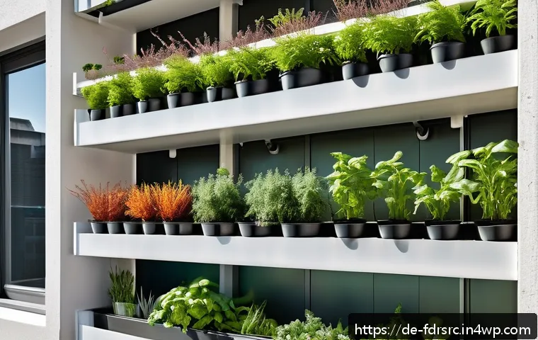 도시 농업의 생산성 향상 방안 - A modern urban balcony featuring a vertical garden with modular shelving systems and hanging plant c...