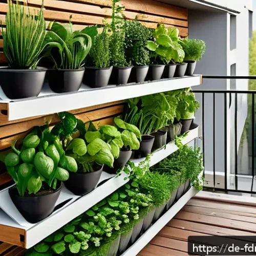 도시 농업 참여를 위한 자원 관리 전략 - A vibrant urban balcony garden in Berlin featuring a vertical green wall with a diverse mix of herbs...