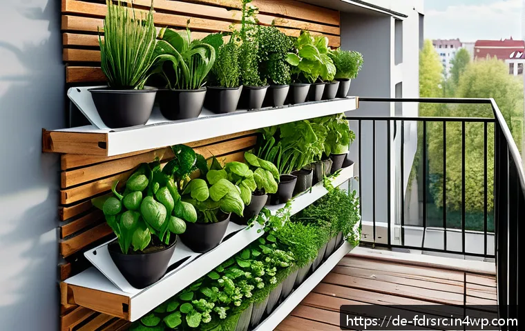 도시 농업 참여를 위한 자원 관리 전략 - A vibrant urban balcony garden in Berlin featuring a vertical green wall with a diverse mix of herbs...