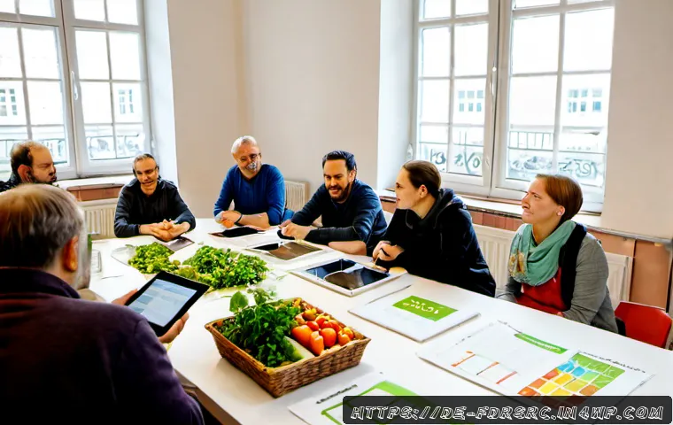 Home 17 도시 식량 정의의 발전을 위한 데이터 활용 - Photorealistic urban food justice planning meeting in a bright community center in Berlin, a diverse...
