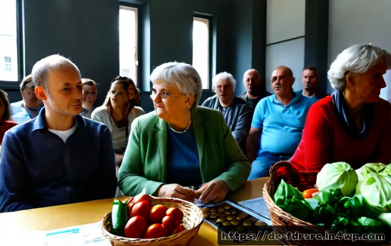 도시 식량 정의 활동에 대한 정책 제안 - Photorealistic urban food justice policy meeting in a bright modern German city hall, diverse reside...