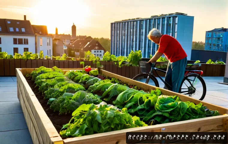 도시 식량 정의와 식품 안전성 - Photorealistic urban food system scene in a modern German city, rooftop community garden with raised...