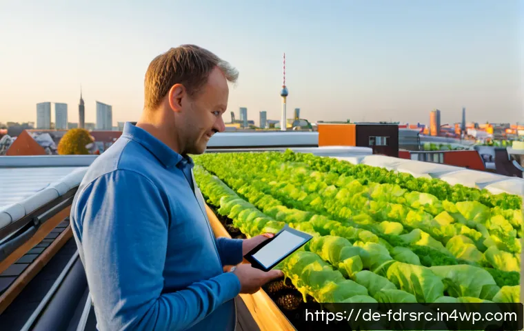 도시 농업의 기술적 발전 - Photorealistic modern urban rooftop farm in a German city, vertical hydroponic towers and raised veg...