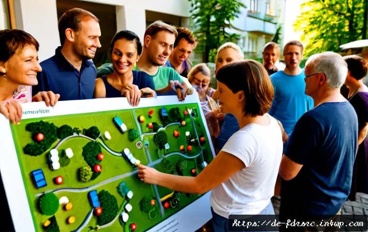 Home 17 도시 식량 정의를 위한 시민 참여 촉진 - Photorealistic community workshop in a bright modern German neighborhood center, diverse adult resid...